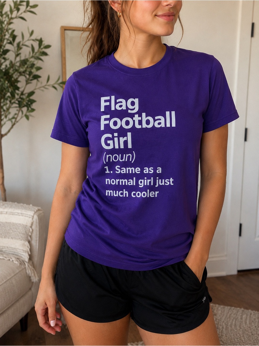 Flag Football Girl Purple Graphic Tee Women’s Funny Sports Shirt - Size M